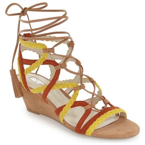 BCBGeneration Vanda Wedge Lace Up Strappy Sandals Yellow NWOT Size 9.5 - Picture 1 of 6
